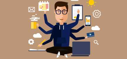 Illustration of a person with many hands doing many things at once 